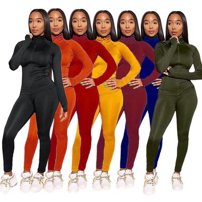 China QUICK DRY stretch long sleeve zipper jacket solid color full length pants sports suit ladies two piece set for sale