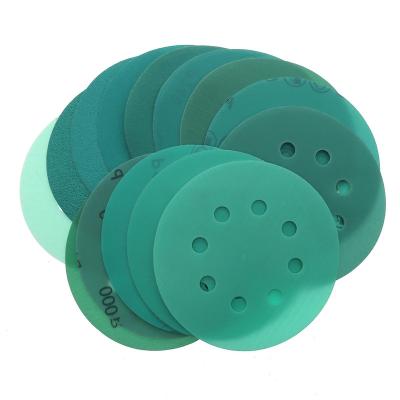 China Automotive & Woodworking 5 Inch 8 Holes 60-2000 Grits Self Adhesive Green Sandpaper Hook & Loop PSA Film Sanding Disc For DA Sanders for sale