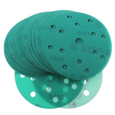 China 6 inch 150mm 15 holes 60-2000 grit cling and loop green film water sandpaper for car paint round for sale