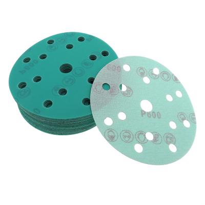 China 6 Inch 150mm 15 Holes 60-2000 Grit Hook and Loop Green Film Sandpaper Sandpaper Sanding Disc for Car Paint Round for sale