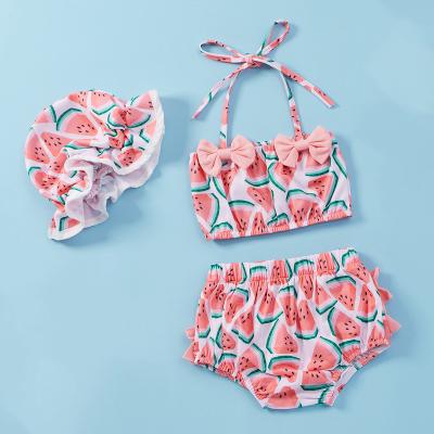 China Boutique high quality watermelon printed bikini swimwear removable padded ruffle strapless with bandeau bow design baby swimsuit for sale