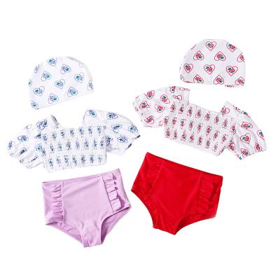 China Removable Padded Hot Selling Three Pieces Kid Short Swimwear Bikini Sleeve With Bandeau Ruffle Printed Undo Set Kids Swimsuit For Baby for sale