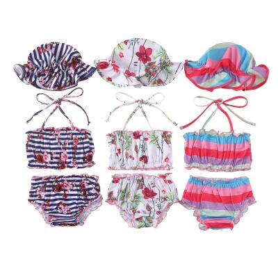 China 2022 Hot Selling Rainbow Removable Padded Striped Printed Kids Fashion Swimwear With Cap Defeat Set Three Piece Sexy Cute Baby Swimsuit for sale