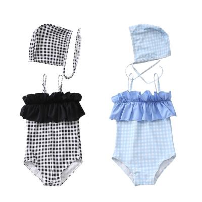 China 2022 Summer Wholesale Removable Padded One Piece Swimsuit With Hat Brands Kids Girls Plus Size Gingham Ruffled Fashion Kids Swimwear for sale