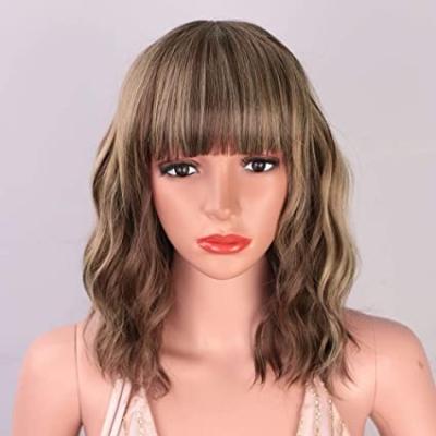 China Aisi Hair Water Wave Wholesale Short Bob Mixed Blonde Brown 16 Inch Vendor Water Wave Wig With Bangs For Color Women Synthetic Hair Wigs for sale