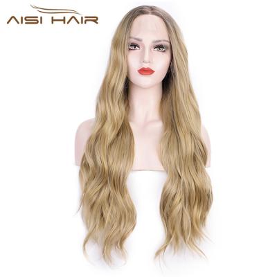 China Long Ombre Hair Aisi Hair Body Wave Blonde Root Wig Lace Part Wig Hairband Natural Medium Dark Wavy Body Wave Synthetic Hair Wigs For Women for sale