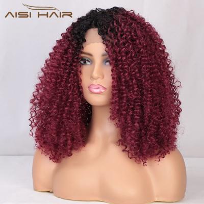 China Synthetic Aisi Curl Wig Afro Kinky Curly Red Swiss Lace Wig Middle Long Hair Cosplay Ombre Lace Front Hair Wigs For Black Women for sale