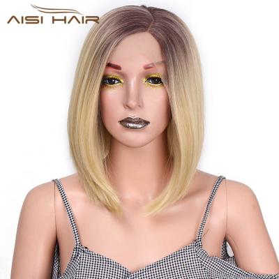 China Silky Straight White Women Front Lace Wig Cosplay Lace Front Hair Wigs For Black Aisi Wave Hair Short Bob Silky Straight Wig Ombre Blonde Dark Root for sale