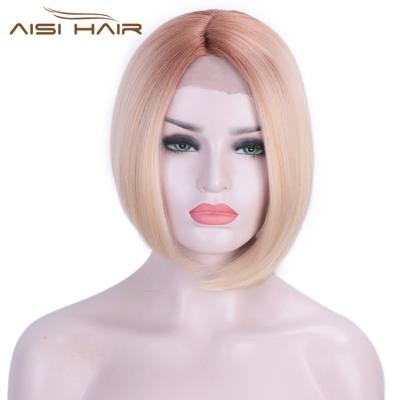 China Silky Straight White Women Front Lace Wig Cosplay Lace Front Hair Wigs For Black Aisi Wave Hair Short Bob Silky Straight Wig Ombre Brown To Blonde for sale