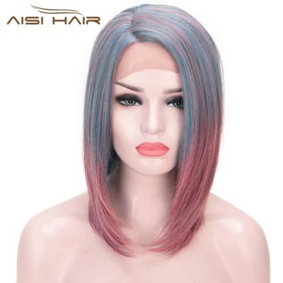 China Aisi Blue Wave Pink Mixed Wig Short Silky Straight Hair Front Lace Wig Cosplay Short Silky Straight Bob Lace Front Hair Wigs For Black White Women for sale