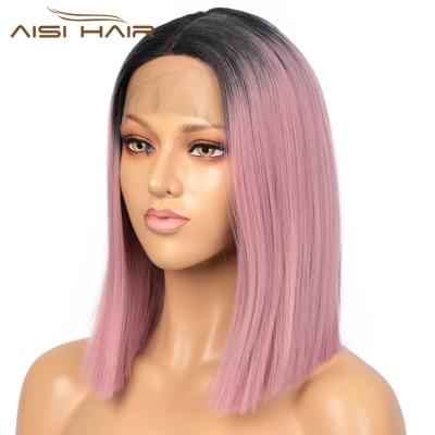 China Silky Straight Wave Aisi Hair 14 Inches Bob Ombre Pink Dark Root Lace Wig Frontal Wigs Cosplay Short Swiss Synthetic Lace Wig For Black Women for sale