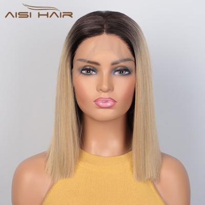 China Cheap Synthetic Women's Front Wigs For Black White Lace Bob Wig Swiss Lace Wig Aisi Wave Hair Short Blonde Dark Root Wholesale Silky Straight Ombre for sale