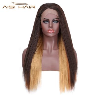 China Silky Straight Wave Aisi Hair 24 Inches Long Ombre Brown To Blonde Lace Frontal Wig Silky Straight Cosplay Wig Synthetic Wigs For Black Women for sale