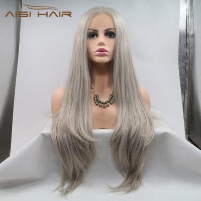 China Long Silky Straight Lace Front Wigs For Women Front Wig Heat Resistant Fiber Gray Lace Wig Middle Part Synthetic Aisi Silky Straight Hair Wave for sale