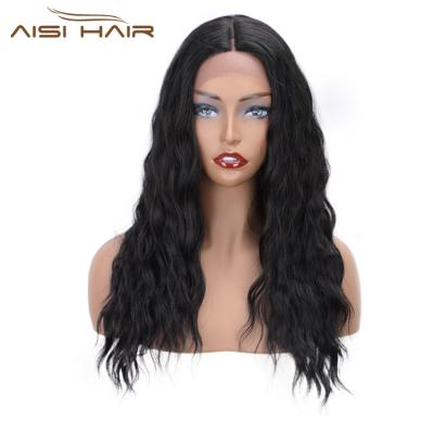 China High Quality Aisi Hair Synthetic Body Wave Natural Black Wavy Long Wig 18 Inch Lace Front Wig Middle Part Body Wave Hair Wigs For Women for sale