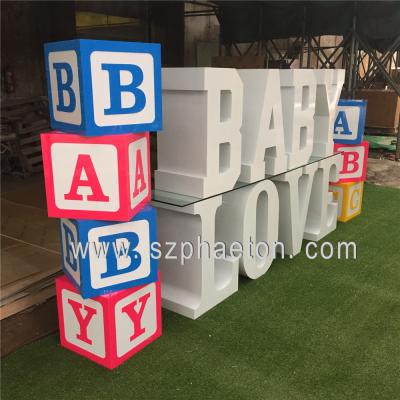 China Duralble design/multifunctional/eco-friendly/high quality/new decoration items for baby shower,ABC perspec party decoration acrylic BABY blocks baby shower for sale