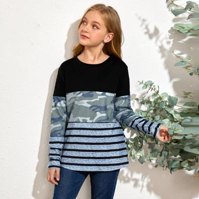 China Fashion Kids Anti-pilling Long Sleeve Color Block Casual Striped Kids Camouflage Girl's T-shirts Comfortable Tops for sale