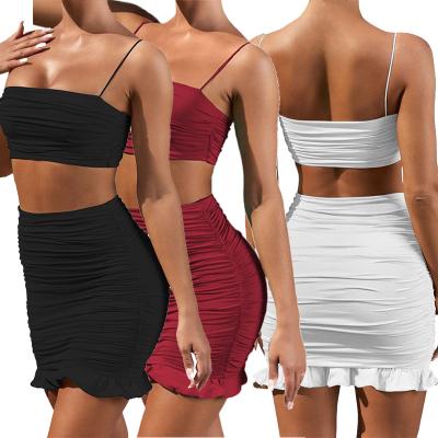 China Wholesale Solid Color Breathable Pleated Ruffles Summer Top Fashion Halter Crop Women Skirt Two Piece Set for sale