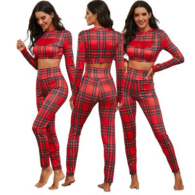 China Christmas Ladies Crop Two Piece Plaid Anti-pilling Pants Top Working Pajamas For Women Jogger Sweatsuit Set Tracksuit for sale