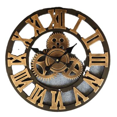 China Wholesale Style Retro Old Gear 3 Style Wooden Wall Clock Antique Iron Stereo Creative Mute Wall Clock for sale