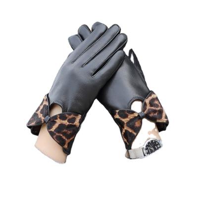 China Wholesale New Women's Sheepskin Leather Gloves Leather Gloves Leopard Bow Driving Warm Leather Gloves for sale