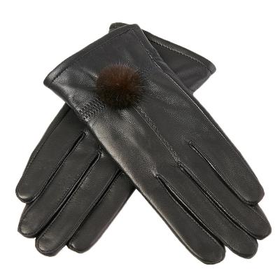 China Women's Genuine Leather Gloves Special Offer Shearling Gloves Mink Fur Fleece Lined Warm Ball for sale