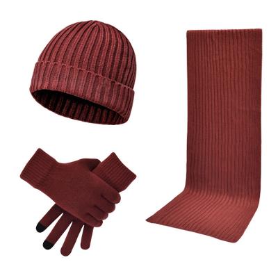 China Other wholesale knitted men and women thickened warm scarf gloves hat woolen three-piece set for sale