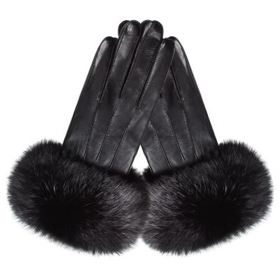 China Wholesale Goatskin Rabbit Black Hair Genuine Leather Fleece Lined Thickened Women's Sheepskin Gloves for sale