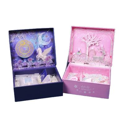 China Recycled three-dimensional dream pink unicorn gift box Valentine's Day materials purple heart flip gift box with 3d hand gift box for sale