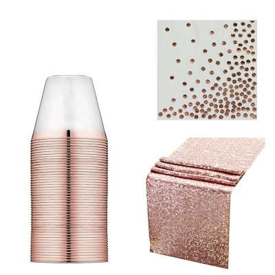 China 2021 Minimalist 2021 Eco-Friendly Disposable Gold Tablecloth Garden 9oz Plastic Cups Rose Gold Lace Tableware Sets for sale