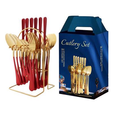 China Amazon Hot Sales Disposable 24 Pieces Gift Box Gold Silver Hotel Tableware 410 Stainless Steel Knife Fork Spoon Dinnerware Sets for sale