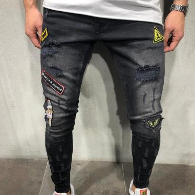 China High End QUICK DRY Hip Hop Slim Fit Ripped Pencil Pants New Men's Badge Slim Jeans for sale