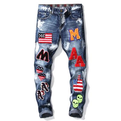 China New Arrival Streetwear QUICK DRY Punk Clothes Straight Fit Regular Crazy Colorful Embroidery Patchwork Ripped Distressed Biker Mens Jeans for sale