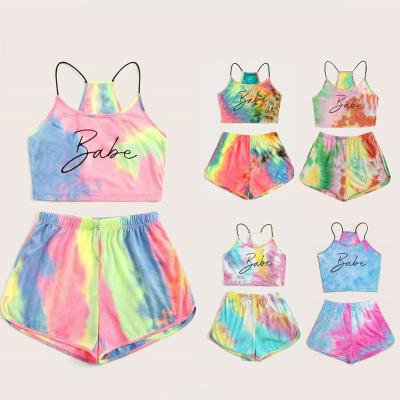 China Anti-Wrinkle Tie Dye T-shirts Women Letter Printed Camisole Shorts Ladies Custom Tie Dye T-shirts Set Two Piece for sale