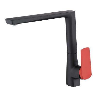 China Popular Metered Faucets Square Black Kitchen Mixer With Single Red Handle for sale