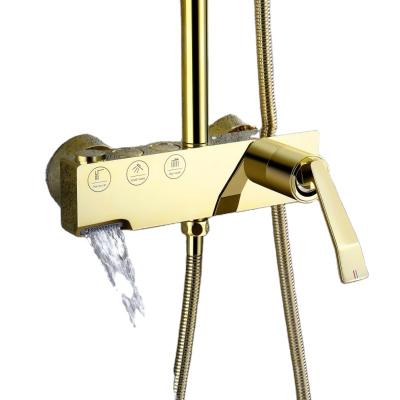 China With Slide Bar Gold Brass Shower System With 8 Inch Rain Shower Head And Hand Held Main Bathroom Shower Faucet Set Set Kit With Combo Valve for sale