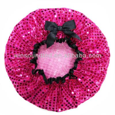 China Sustainable Pink Luxurious Glitter Shower Cap (with ribbon and EVA lined) for sale