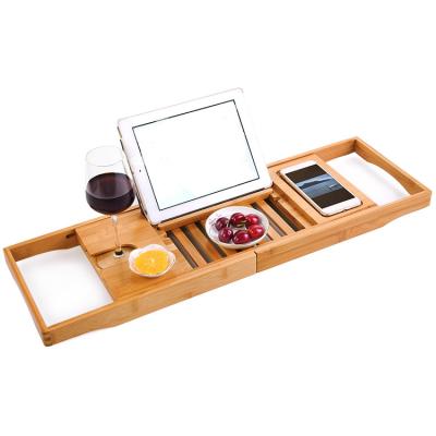 China Wholesale Sustainable Bamboo Cart Tray, Expandable Wooden Bathtub Shelf for sale