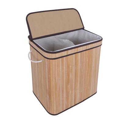 China Durable Cheap Two Piece Dirty Clothes Storage Bamboo Foldable Laundry Basket for sale