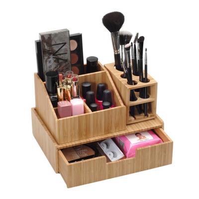 China Sustainable 5 Section Brush Holder Makeup Drawer Organizer Bamboo Desktop Organizer for sale