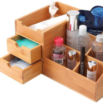 China Modern Makeup Organizer, Bamboo Wood Vanity Countertop Organizer Cosmetic Jewelry Storage Tray with Drawers for Bathroom for sale