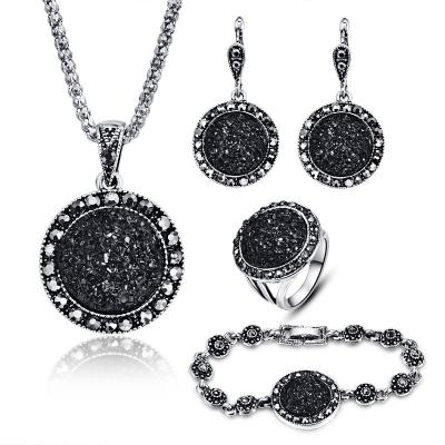 China Charming Black Round Earring Elegant Ring Four Piece Gravel Resin Necklace Bracelet Set For Women for sale