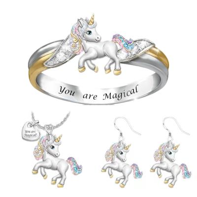 China Fashion Elegant Charming Jewelry Set Unicorn Crystal Jewelry Earrings Ring Necklace Cute Set Gift for Girls and Women on Diary for sale