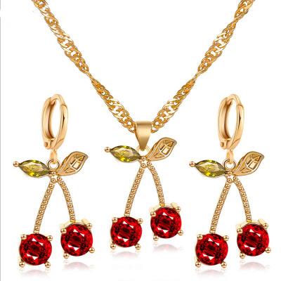 China Cherry Jewelery Set Charming Elegant Red Crystal Gem Gold Plated Stud Earrings and Pendant Necklace for sale