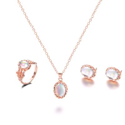 China TRENDY Ambilight Gemstone Necklace Set Earrings Ring Rose Gold Jewelry Necklace Sets for sale