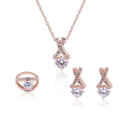 China FASHIONABLE Jewelry Set Geometry Crystal Necklace Matching Stud Earrings Rings For Women for sale