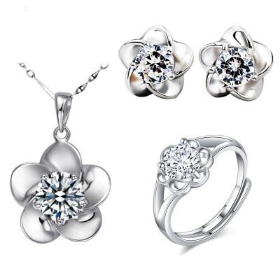 China FASHION Jewelry Set White Gold Plum Flower Necklace Stud Earring Plated Ring Set For Women for sale