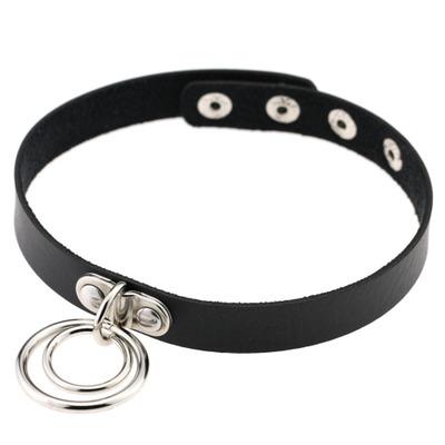 China Rivet PU Collar Choker Punk Studded Leather Collar With Double Hoops 2 Hoops 16 Inches for sale