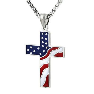 China Other Collection Day Gift Stainless Steel USA Flag Cross Religious Pendant Necklace for sale