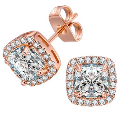 China High Quality 14K Rose Gold Plated Square Crystal Cubic Stud Earrings Fine Jewelry For Women Gifts For Her for sale